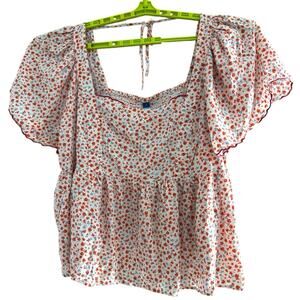 Old Navy Red Floral Smocked Square Neck Blouse Size 4X Peasant